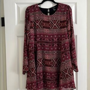 Burgundy Geometric Long Sleeve Dress